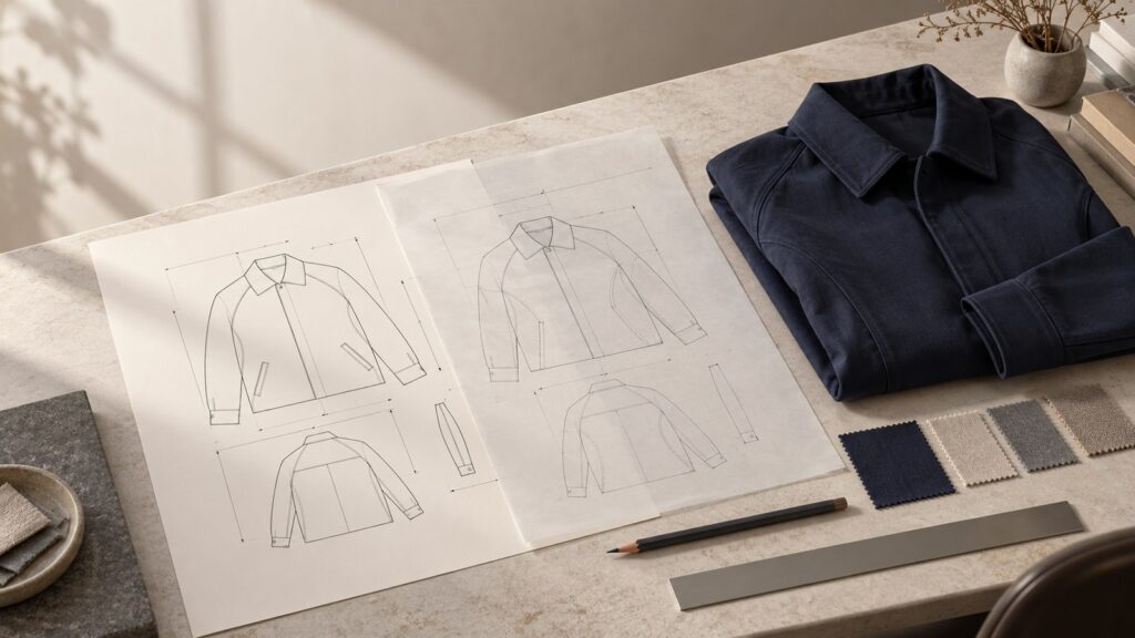 An unbranded jacket technical flat with revision overlay sheets and a navy garment sample on a fabric swatch table, illustrating how a clothing factory reads a tech pack.