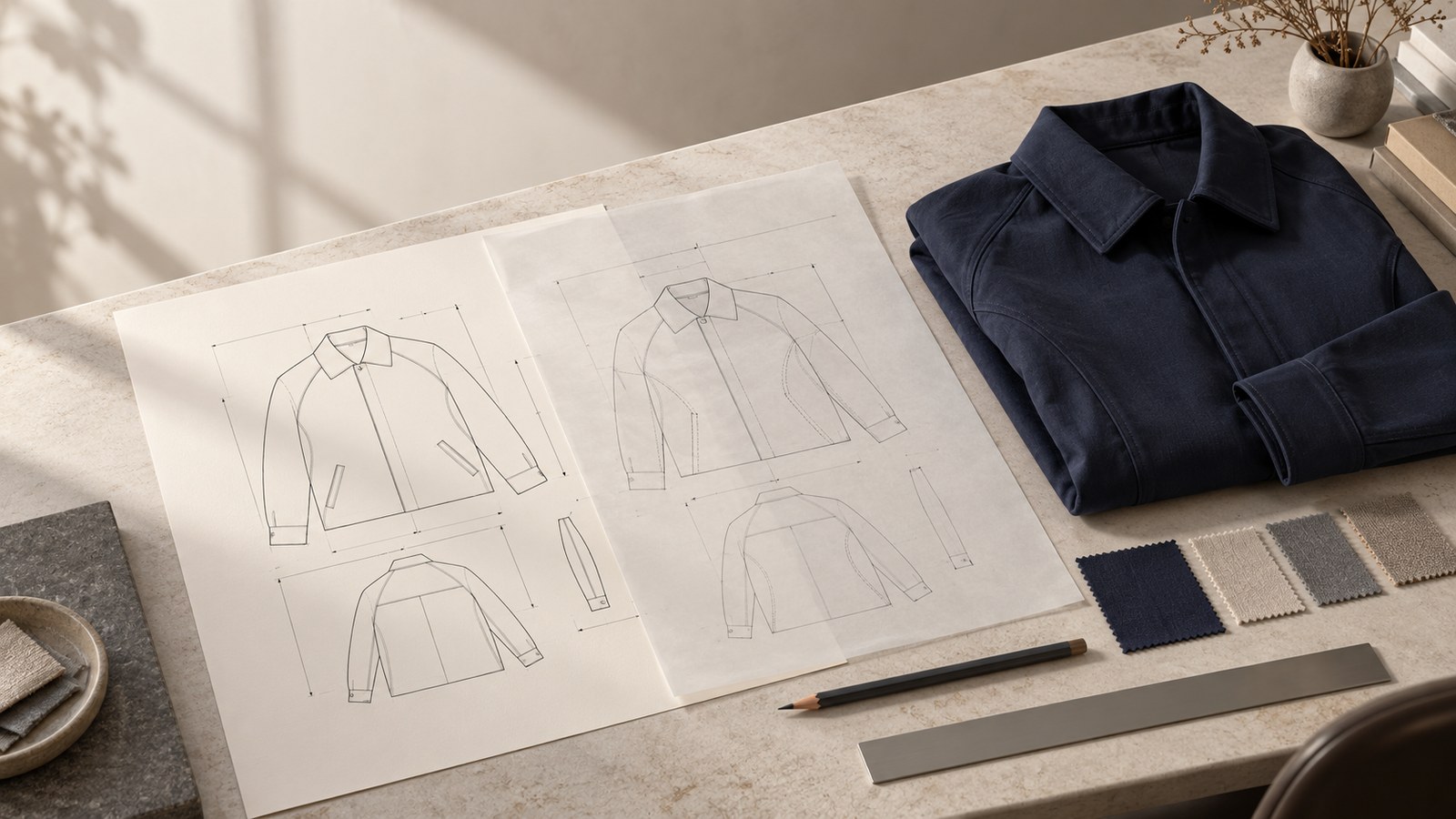 An unbranded jacket technical flat with revision overlay sheets and a navy garment sample on a fabric swatch table, illustrating how a clothing factory reads a tech pack.