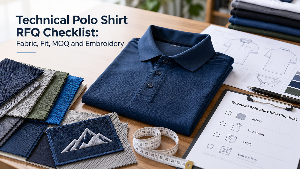 Navy technical polo shirt with fabric swatches, embroidery sample, measuring tape and RFQ checklist for apparel sourcing