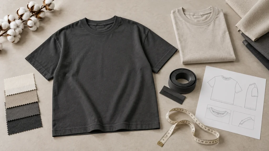 Charcoal and light T-shirts with fabric swatches, neckline rib, measuring tape and garment design drawings