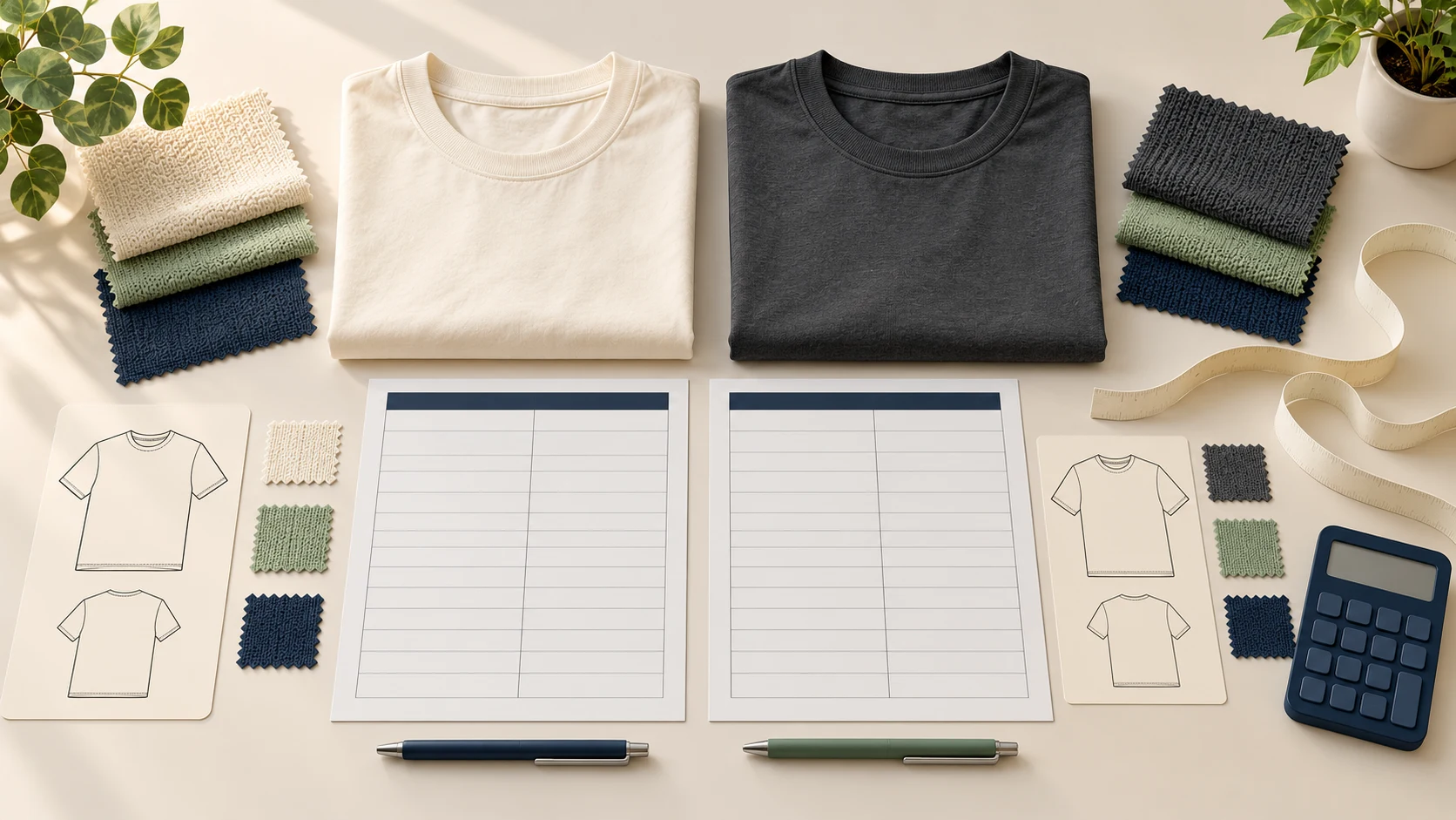 Folded cream and charcoal T-shirts beside fabric swatches, blank comparison sheets and a calculator.