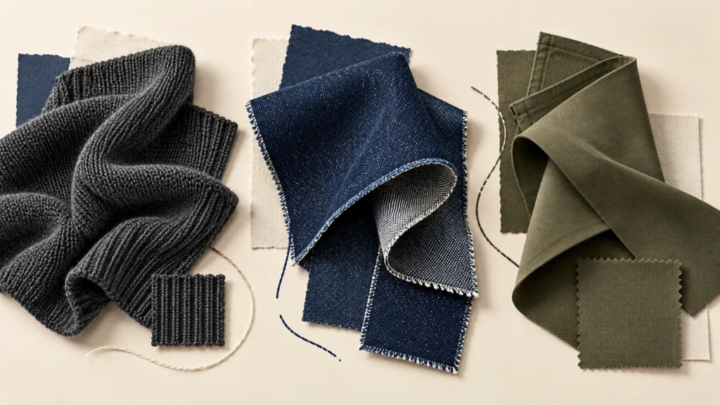 Charcoal knitted cloth, indigo denim and olive woven fabric arranged in folds on an ivory background.