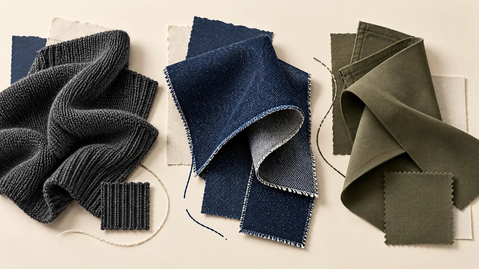 Charcoal knitted cloth, indigo denim and olive woven fabric arranged in folds on an ivory background.