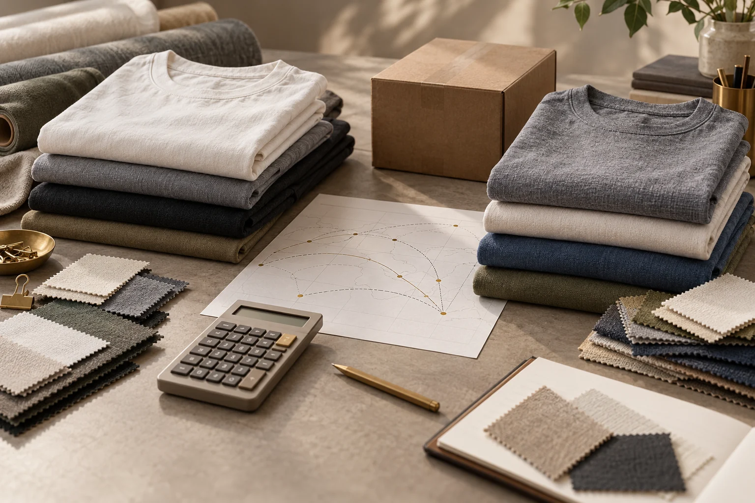 Illustrative clothing sourcing desk with folded garments, fabric swatches, a shipping carton and calculator
